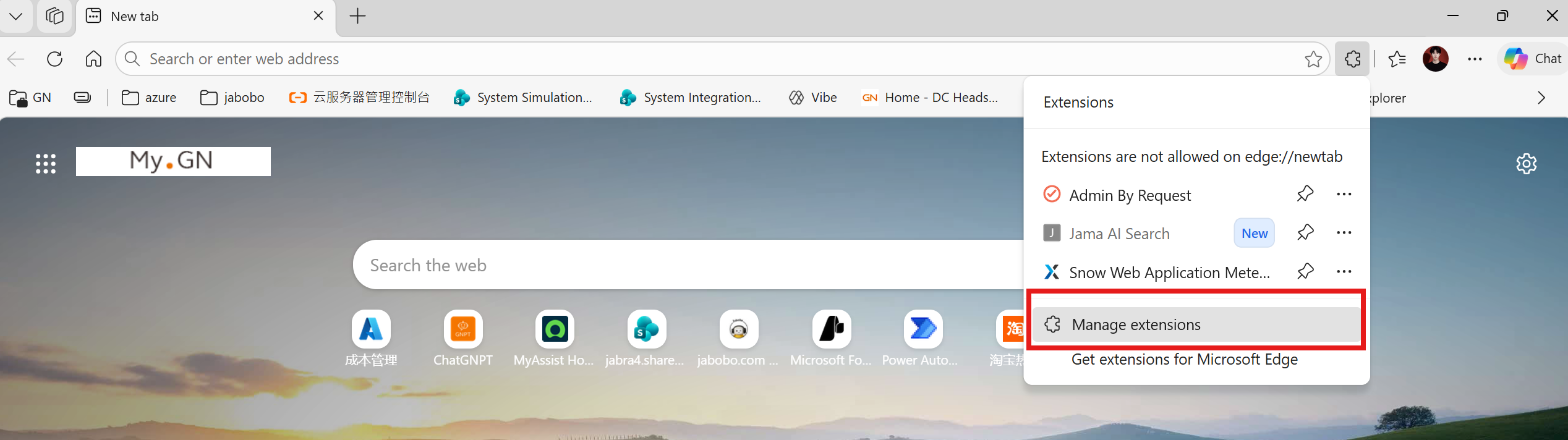 Edge extensions popover with Manage extensions highlighted