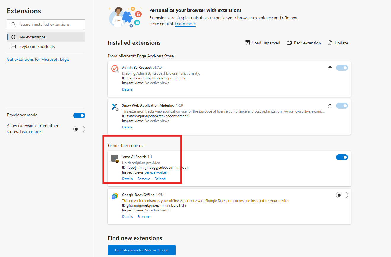 Extensions page showing Jama AI Search 1.1 under From other sources